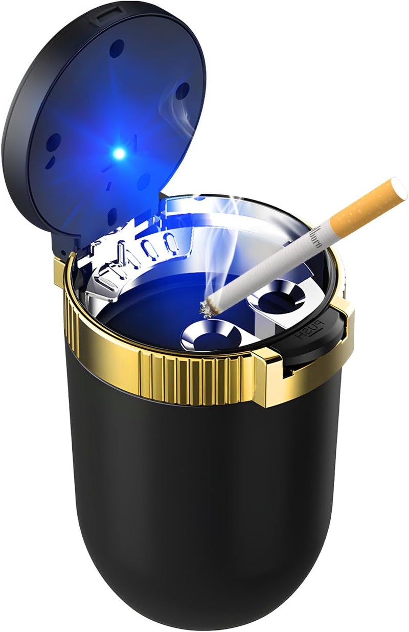 MUQIDA Car Ashtray with Lid, Auto Portable Stainless Steel Smokeless Ash Tray with LED Light, Detachable Windproof Ashtray Mini Trash Can for Most Car Cup Holder Home Office (Golden) - Image 1